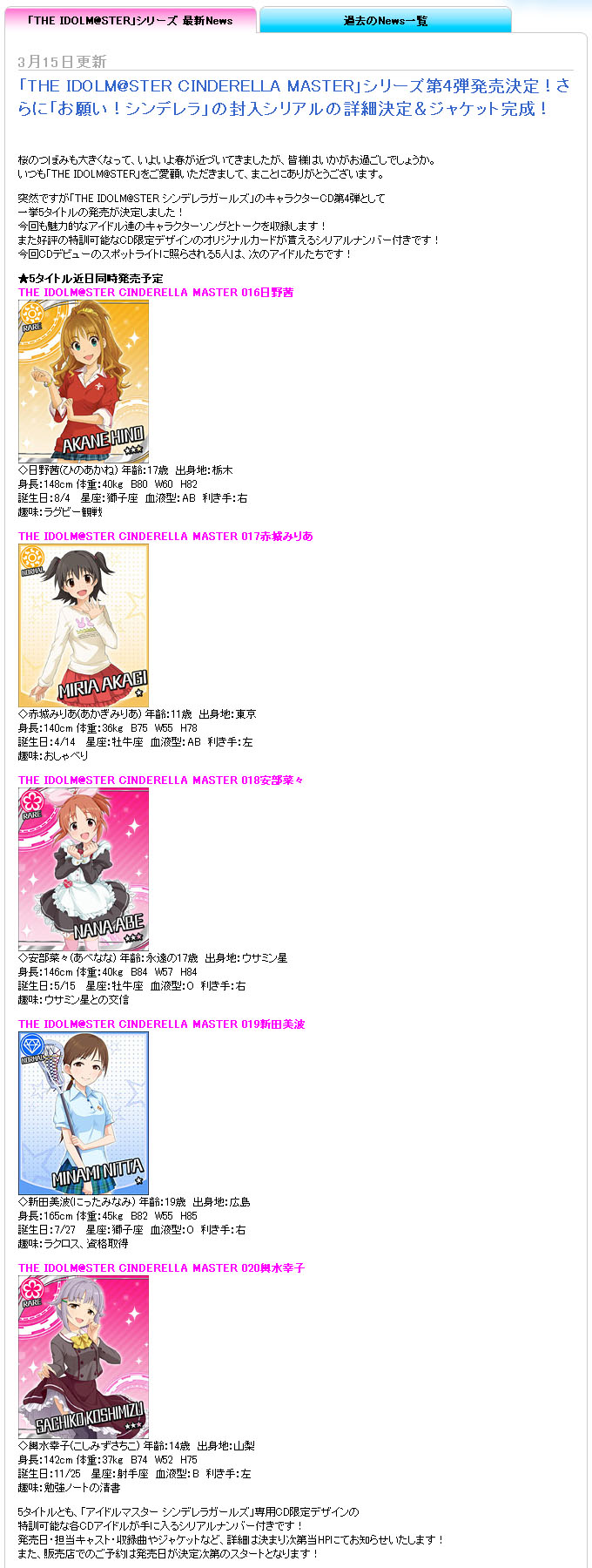 「THE IDOLM@STER CINDERELLA MASTER」シリーズ第4弾発売決定!